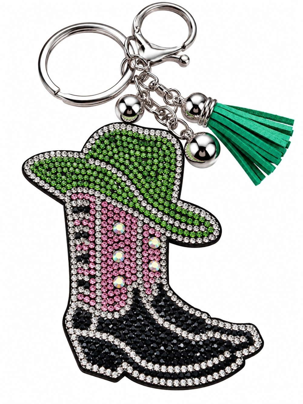 Crystal Cowgirl Boot Keychain with Green Tassel